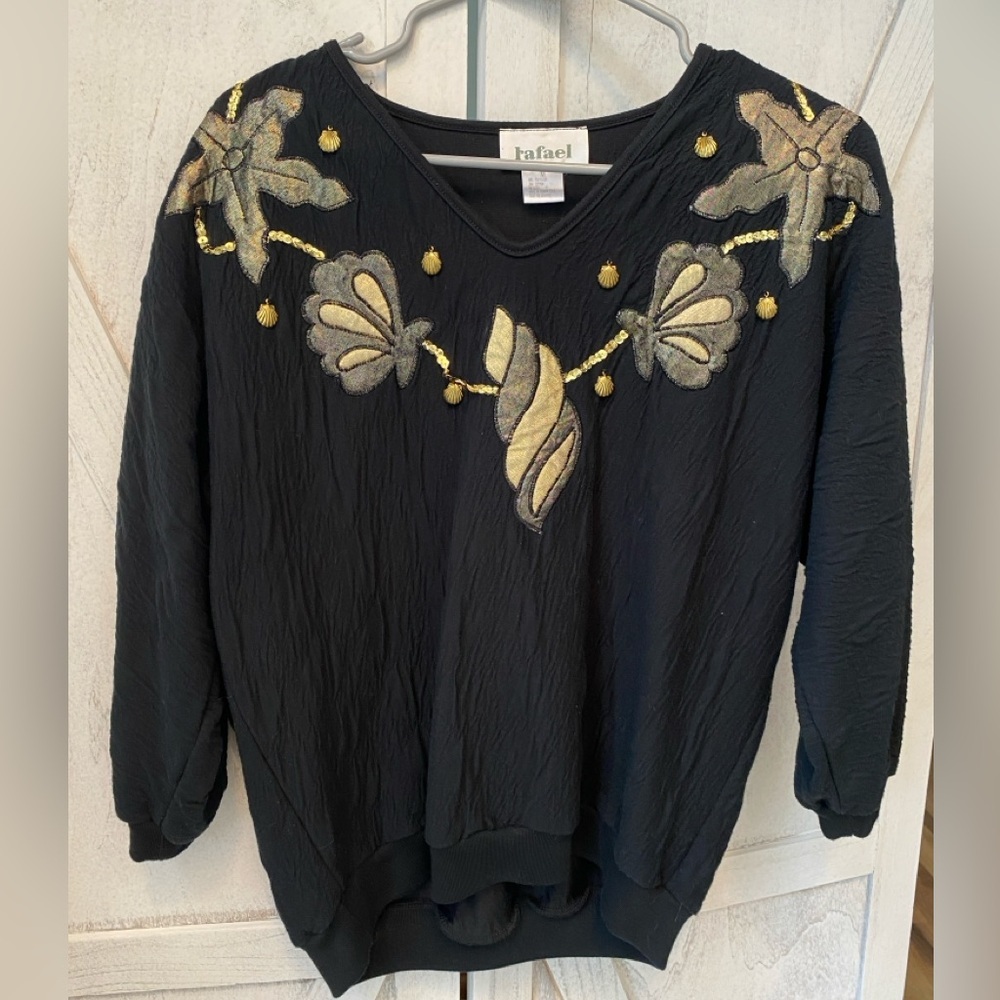 Rafael Seashell Top Women’s Medium Black Gold Dangling Shell Appliqués VTG